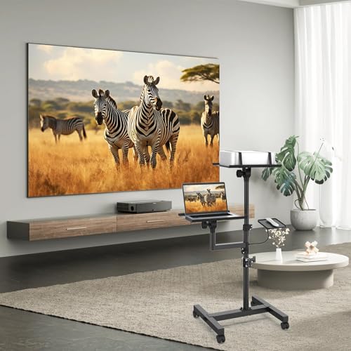 Projector Stand, 2 Shelves Mobile Laptop Cart with Adjustable 47" Height | top tray tilts 30°,4 quiet casters with 2 locks,sturdy H-beam steel frame,mouse tray included,for home,outdoor