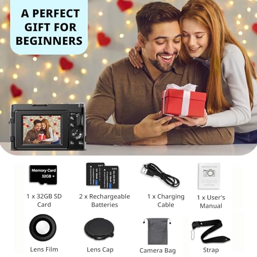 Duluvulu 4K Digital Camera for Photography Autofocus, 2026 Latest 48MP Vlogging Camera for YouTube with SD Card, 2 Batteries, 3" 180°Flip Screen Compact Travel Camera for Teens with 16X Zoom,Black - color: Black