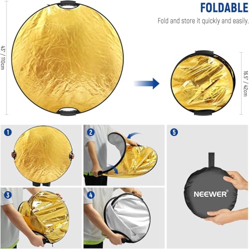 NEEWER 43"/110cm Light Reflector with Clamp & Hand Grips, 5 In 1 Collapsible Multi Disc Photography Reflector Translucent/Silver/Gold/White/Black with 3/8" Thread for Studio Outdoor Lighting, RF-110II - style: 110cm w/Clamp