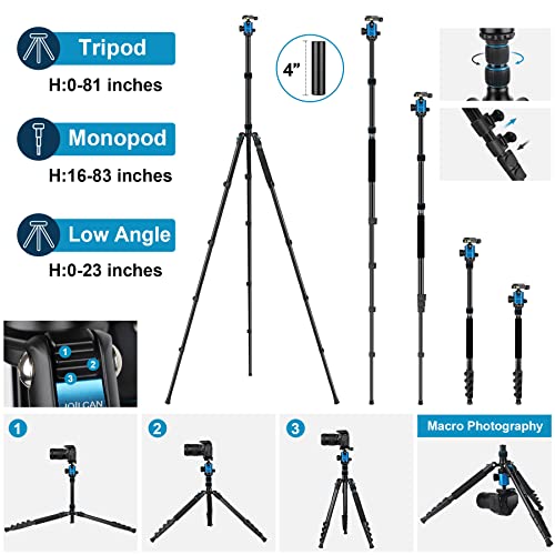 JOILCAN Tripod for Camera, 81" Aluminum Camera Tripod, 83" DSLR Tripods & Monopods, Heavy Duty Travel Tripod for Binoculars Spotting Scope Telescope, Max Load 35lb - color: Blue
