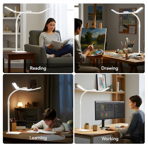 LED Desk Lamp for Home Office with Base, 28.2" Adjustable Gooseneck Swing Arm Bright Desk Light, Dimmable Architect Table Lamp for Desktop Computer Light, Reading, Study, Workbench(White) - color: White