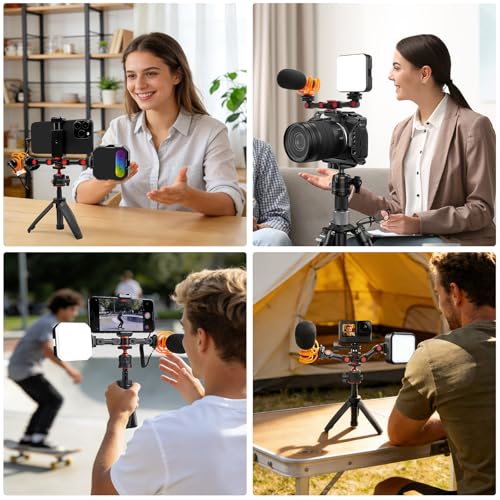 Dual Cold Shoe Mount, Extension Bar Universal Cold Shoe Adapter with Phone Holder Mount, 1/4" Thread Holes for Microphone,Led Video Light, Audio Recorder Monitors (68012)