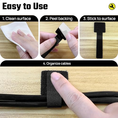 Matenf Cable Management Kit, 40 PCS, Black | Self-Adhesive, Adjustable, Hook & Loop, Cable Organizers, Cord Hider, for Under Desk, Workstations and Computer Desks