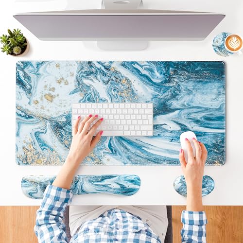 QIYI Leather Desk Mat Set, 4-in-1 Large Mouse Pad with Ergonomic Wrist Rest, Waterproof Desk Pad + Keyboard Wrist Rest + Mouse Wrist Support + Coaster, Non-Slip Office Gaming Accessories, Blue Marble - color: Blue Marble