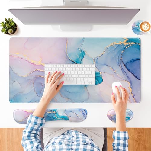 QIYI Leather Desk Mat Set, 4-in-1 Large Mouse Pad with Ergonomic Wrist Rest, Waterproof Desk Pad + Keyboard Wrist Rest +Mouse Wrist Support+Coaster, Non-Slip Office Gaming Accessories, Blue Pink Fluid - color: Blue Pink Fluid