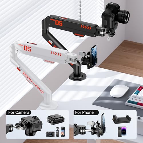 JINRAIKO Overhead Camera Mount with 360° Adjustable Arm & Phone Holder for TikTok Live Streaming Photography Studio Content Creation, Desk Mount for for DSLR Camera/Webcam/Microphone, White - color: White