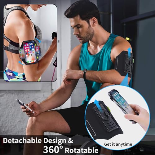 Detachable & 360° Rotatable Running Armband -with Reflective Strap Zipper Pocket & Earphone Bag for iPhone 16 15 14 Pro Max Plus Samsung Galaxy – Workout Exercise Phone Holder with Card Key Slot - color: Black With Bag