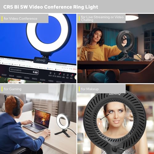 ZENIKO CR5 Video Conference Lighting Kit, 5" Ring Light Clip on Laptop Monitor, Desk Light with Stand Tripod, Bi-Color CRI >95 for Webcam Lighting, Zoom Lighting, Broadcasting, Live Streaming