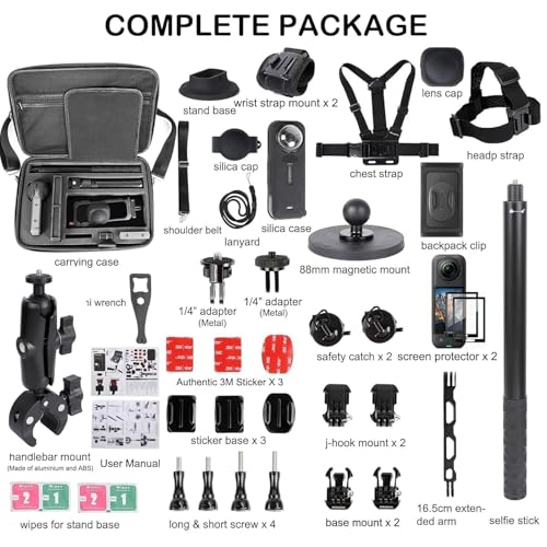 PellKing Accessories Kit for insta360 X5,Included Carrying Case with Belt,2 Pcs Metal 1/4" Adapter,Handlebar Clamp,Magnetic Mount,43in Selfie Stick,Chest Strap,Head Strap,Backpack Mount,and Others