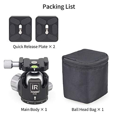 Low Profile Tripod Ball Head-INNOREL N36, Panoramic CNC Metal Camera Tripod Ball Head with Two 1/4" Screw Arca Swiss Quick Release Plates for Tripod,Monopod,DSLR,Camcorder, Max Load 44lbs/20kg - size: N36-Sliver