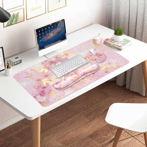 4-in-1 Gaming Mouse Pad Wrist Support Set,Desk Pad + Mouse Pad with Wrist Rest + Keyboard Wrist Rest + Coaster, Ergonomic Design for Home Office Study Game - Pink - color: 4 Pcs Pink