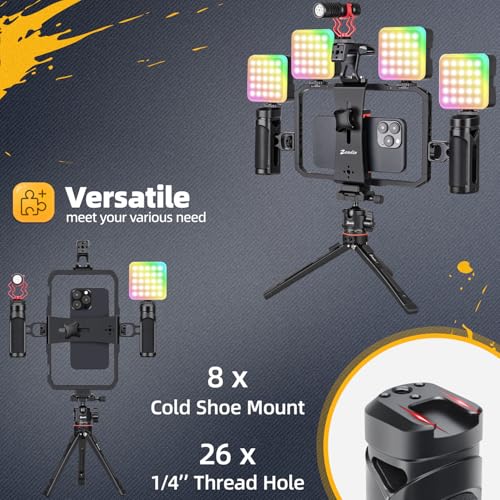 Zeadio Smartphone Video Rig, Phone Cage with Adjustable Dual Handles & Movable Mount, 8 Cold Shoes & 26 1/4" Thread Holes, Filmmaking Stabilizer for All Smartphones, Vlogging YouTube Tiktok Recording - style: Metal Version