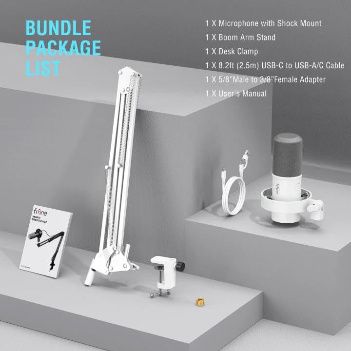 FIFINE Dynamic Microphone with Boom Arm, Studio Vocal XLR Microphone, Podcast USB Mic Kit for PC with Mute Button, Volume Knob, Headphone Jack, for Streaming Recording-AmpliTank K688CT White - size: K688CT White