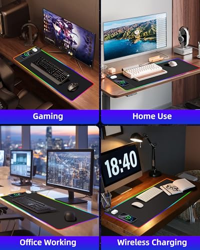Wireless Charging Mouse Pad, RGB Gaming Mousepad, 31.5"x15.7" Extra Large Desk Pad, 13 Light Modes, Ultra-Smooth Surface, Non-Slip Base, Waterproof Computer Keyboard Mat for MacBook, PC, Laptop, Black - color: Black