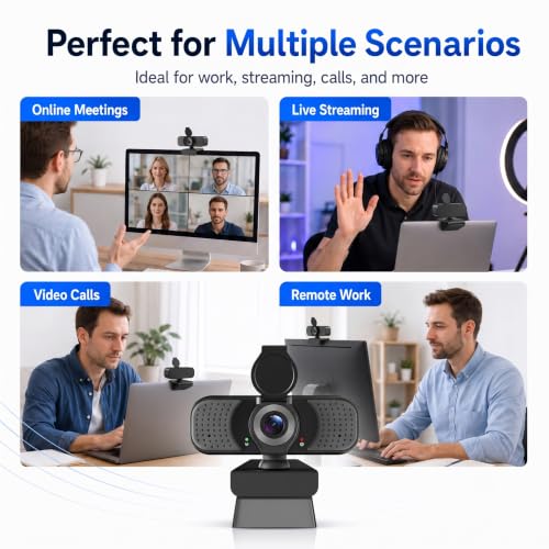 1080P Webcam with Microphone, USB Camera for PC and Laptop, Privacy Cover | For meetings, remote work, classes, streaming, and video calls; includes 105° wide view, privacy cover, and mini tripod