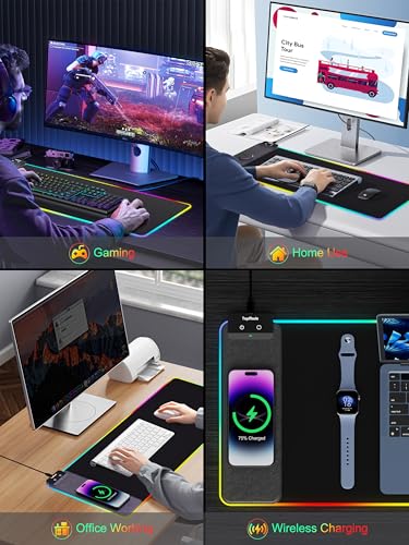 TopMade Mouse Pad with Wireless Charging, 31.5" x 11.81" Large Desk Mat RGB Gaming Mousepad, LED Desk Pad Keyboard Pad with Ultra-Smooth Surface & Non-Slip Rubber Base, Waterproof Desk Pad - color: RGB-31.5"x11.8"