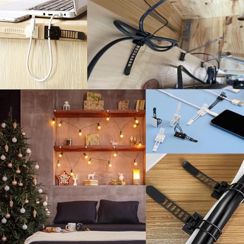 Adjustable Adhesive Cable Management Clips 50Pcs, Large self Adhesive Cable Ties Clips ,Suitable for Cable Management Under desks and on Walls (White) - color: White