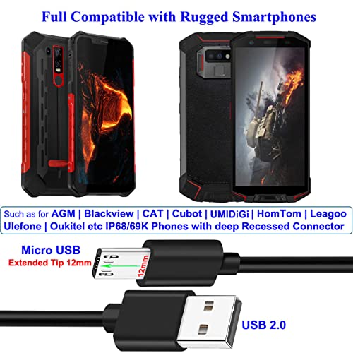 2Pcs 3FT 12mm Long Tip Micro USB Cable Compatible with Blackview BV4000 BV4900 BV5500 Pro/Plus BV5800 BV6000 BV6000s /Oukitel WP12 WP8 Pro, WP6/Doogee/Ulefone Armor X7 Pro X6 X5 Rugged Phones