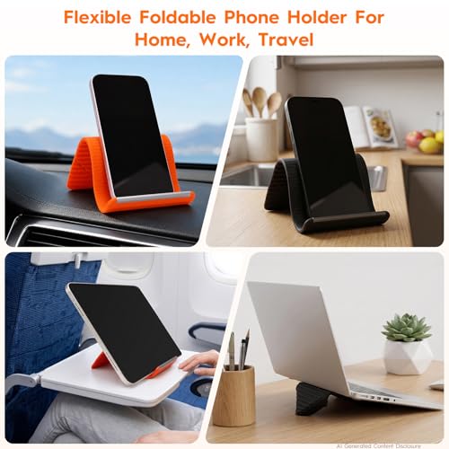 2 Pack Adjustable Foldable Silicone Phone Stand, Universal Bendable Cell Phone Tablet Holder, Portable Anti-Slip Desk Bed Phone Mount for Travel Home Office(Black) - color: Black