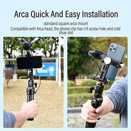 AOKA Metal Phone Tripod Mount, Arca Compatible Base with Cold Shoe, 360° Swivel and 180° Tilt Adjustment, Includes Multiple 1/4 Bolt Expansion Ports, Compatible with iPhone 17 Pro Max Galaxy S25 Ultra