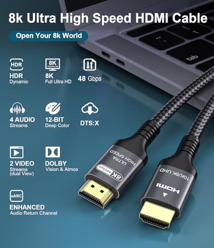 Certified 10K 8K 4K HDMI 2.1 Cable 15FT, 48Gbps Ultra High Speed HDMI® Cord | Ethernet CEC 4K 240Hz 165Hz 144Hz 120Hz 8K 60Hz eARC Netflix HDCP2.3 HDR10+ PC Laptop RTX5090 TV Monitor Projector X-box PS5 - size: 16.4 ft