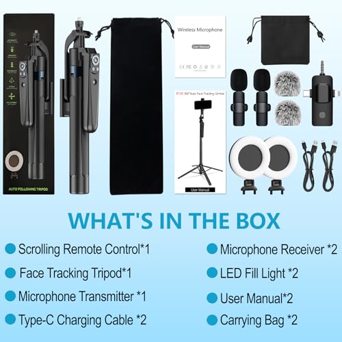 71" Content Creator Essentials Vlogging Kit - 2 Lights & 2 Mics, 360° Rotating Auto Face Tracking Tripod for iPhone/Android/Camera with Wireless Remote, No App for Vlog, Live, Video Record