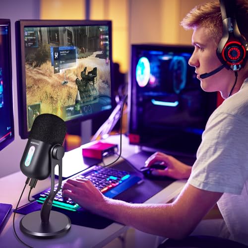 USB Microphone for PC, Cardioid Condenser Microphone with Active Noise Cancellation, Quick Mute, Built-in Headphone Jack, Gaming Mic with Table Stand, for Live Streaming, Instruments, Podcast