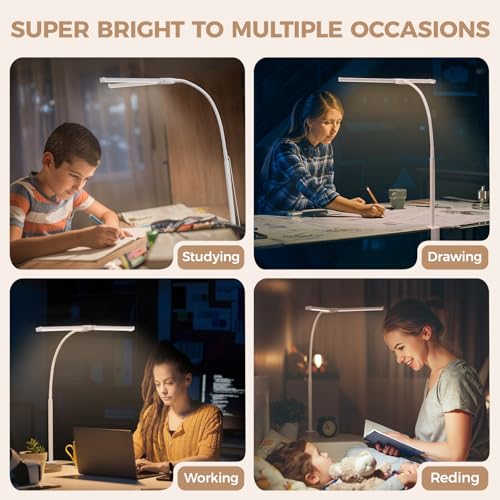 Voncerus LED Desk Lamp for Home Office, Double Head Architect Light with Clamp, Computer Monitor Clip on Light, 3 Modes and 10 Brightness, Adjustable Flexible Goose-Neck, Table Task Lamp, White - color: White Pro