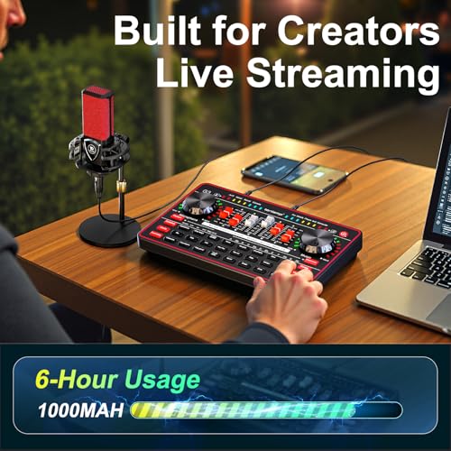 Podcast Microphone Bundle with Live Sound Board Audio Mixer, Podcast Equipment Bundle with 3.5mm Condenser Microphone for Pc/Phone Live Streaming Singing Gaming, Soundboard with Voice Changer, Denoise