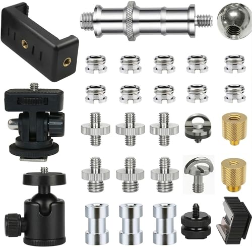 30Pack Camera Tripod Screw Mount Kit 1/4 to 3/8 Inch Threaded Converter Adapter 1/4 Swivel Ball Head and Hot Shoe E Clip for DSLR/Monopod/Flash Light/Quick Release Plate