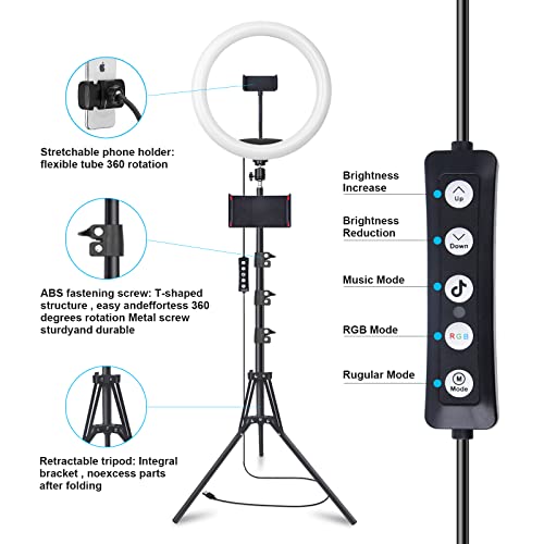 10" Selfie Ring Light with 73" Tripod Stand & 1 Phone Holder, LED Camera Ringlight with 48 RGB Colors Modes & Musical Rhythm Mode and 12 Brightness Dimmable for TikTok/Makeup/Photography/Vlog - color: 10" Musical Version
