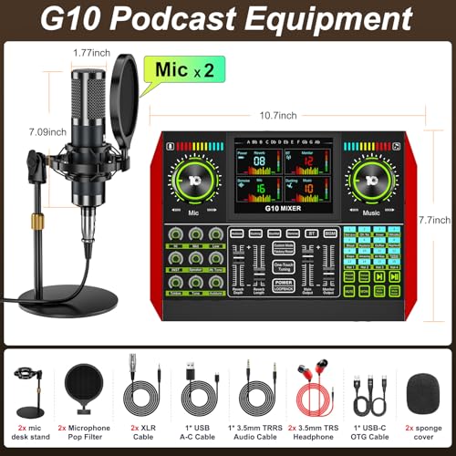 tenlamp G10 Dual Microphone Podcast Equipment Bundle with Live Sound Board Audio Mixer - Two Condenser Mics, Voice Changer, Noise Reduction, for PC/Phone Streaming, Gaming, Singing, Podcast