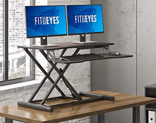 FITUEYES Height Adjustable Standing Desk 32” Wide Sit to Stand Converter Stand Up Desk Tabletop Workstation for Laptops Dual Monitor Riser Brown SD308002WE - color: Brown