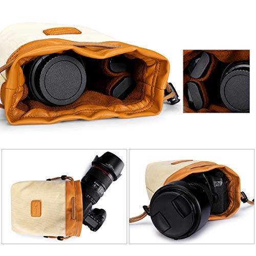 S-ZONE Soft Camera Bag DSLR Insert Handbag Drawstring Lens Case | Water-resistant Canvas, Drawstring closure, Dust-proof, Scratch-resistant, Compatible with Canon Nikon Sony - color: Brown, size: Large