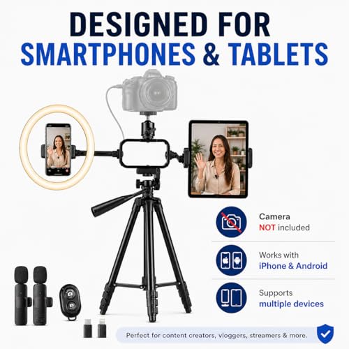 Acuvar Vlogging Kit with Ring Light Tripod – Content Creator Kit for iPhone, Android & Tablets, Microphone, Remote, YouTube & TikTok Starter Kit for Influencers