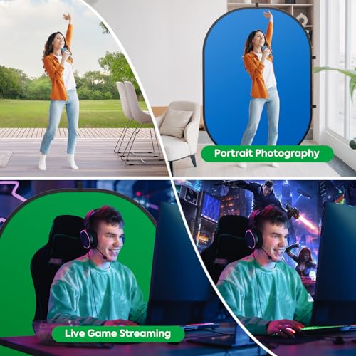 5x6.5ft/1.5x2M Blue Green Screen Backdrop, Double-Sided Pop Up Photo Backdrop Collapsible Greenscreen Background Muslin Chromakey Screen with Carry Bag for Photo Studio, Streaming, Gaming - color: Green/Blue, size: 5 x 6.5 ft