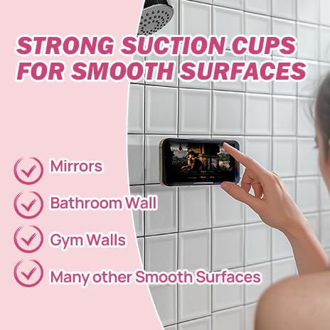 JOYTUTUS Shower Phone Holder, Reusable Suction Cup Phone Mount for Shower, Mirror, Kitchen, Window & Bathroom, Shower Phone Mount Compatible with iPhone 17, 16, 15, 14, 13 & All Phones,Pink,1 Pack - color: Pink