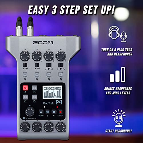 Zoom PodTrak P4 Portable Multitrack Podcast Recorder + Zoom ZDM-1 Podcast Mic Pack Accessory Bundle With Microphone, Headphones, Tripod, Windscreen & Cable + Accessory Kit