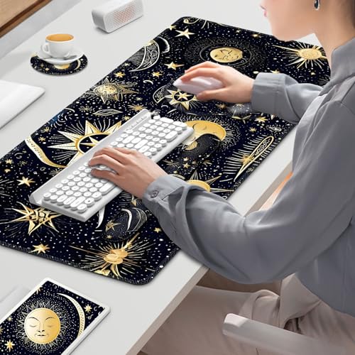 Gaming Mouse Pad, Large Desk Mat, Cute Desk Pad Protector, 4in1 XXL Mousepad + Keyboard Wrist Rest+Mouse Wrist Rest+Coaster Set with Ergonomic Desk Pad for Home Office PC Computer, Stars and Moon - color: Stars and Moon