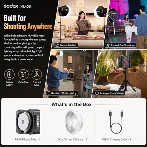 Godox ML40Bi Bi-Color LED Video Light, Portable COB Photography Light with Built-in Battery, 2800K-6500K, 28,000 Lux with ML-L10 Reflector, CRI/TLCI 96, 11 FX Effects, USB-C Charging, App/NFC Control