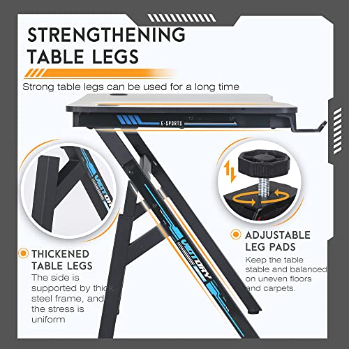 BestOffice | 47" Gaming Desk | Blue | Carbon Fiber Textured Computer Desk | Sturdy Steel Frame, Cup Holder, Headphone Hook, Cable Management Holes, Adjustable Leg Pads | for Gamers, Home, Office - color: Blue, size: 47 Inch R Shaped