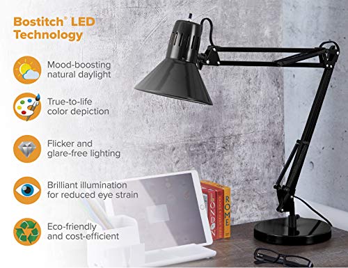 Bostitch Office VLF100D Swing Arm Desk Lamp, Metal, 36" Reach with Multi-Joint Adjustment, Includes Replaceable LED Bulb (VLF), Black - style: Base, Black