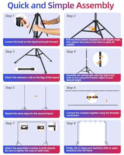 Backdrop Stand 10 x 8 Ft (WxH), Adjustable Photography Background Stand Support Kit with 6 Clamps & Carrying Bag for Photo Studio, Party, Wedding, Decoration, Projector Screen