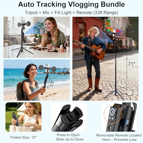 Tripod for iPhone with Light and Remote, Wireless Microphones, 71" Auto Face Tracking Phone Stand for Video Recording, Content Creator Essentials Vlogging Kit for YouTube, TikTok, Live Streaming