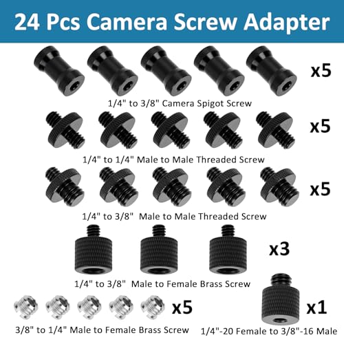 24 Pcs Camera Tripod Adapter, 1/4 to 3/8 Threaded Converter Camera Screw Mount Set,Tripod Thread Adapter for DSLR Camera, Monopod, Ballhead, Quick Release Plate, Flash Light - color: 24 Pcs Camera Mount Screw