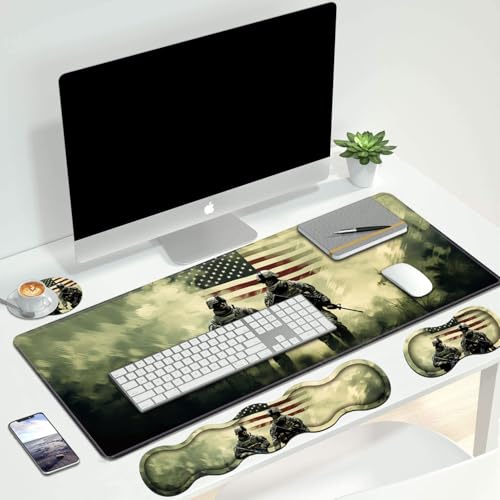 4 in 1 Ergonomic Keyboard Wrist Rest & Mouse Pad Wrist Rest Set, Large Gaming Desk Mat 31.5"x 11.8" with Non-Slip Base, Memory Foam for Home Office Study Gaming, American Military Army Troops Soldiers - color: American Military Army Troops Soldiers