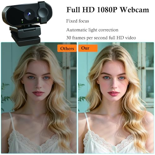 Full HD 1080P Webcam for Video Conference – Computer Camera with Built-in Noise Reducing Dual Mics, Autofocus, Wide-Angle Lens, Privacy Cover, Desk Stand, Plug and Play for Desktop PC, Laptop