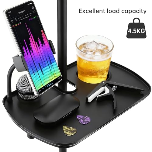 Microphone Stand Tray with Phone Holder, 12.2" Large Clamp On Shelf Table | Fits 0.4"-2" pole. Hold 9.9 lbs. Raised edge. Fits karaoke music stand studio concert floor lamp beach sunshade table storage