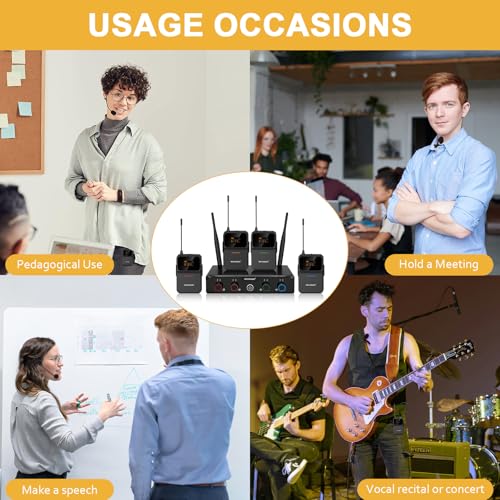 MELONARE 4-Channel Wireless Microphone System,UHF Compact Cordless Mic Set w/ 4x10 Frequencies, 200ft Range, 4 Bodypacks & Headset/Lapel Microphones for Singing, Church, Conference (MWM-41-4B) - size: 4 Bodypack Mics