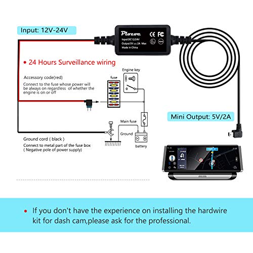Dash Cam Hardwire Kit, Mini USB Hard Wire Kit Fuse for Dashcam, Plozoe 12V-24V to 5V Car Dash Camera Charger Power Cord, Gift 4 Fuse Tap Cable and Installation Tool(11.5ft